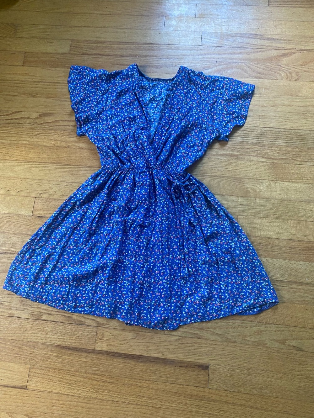 Blue Floral Wrap-Style Summer Dress